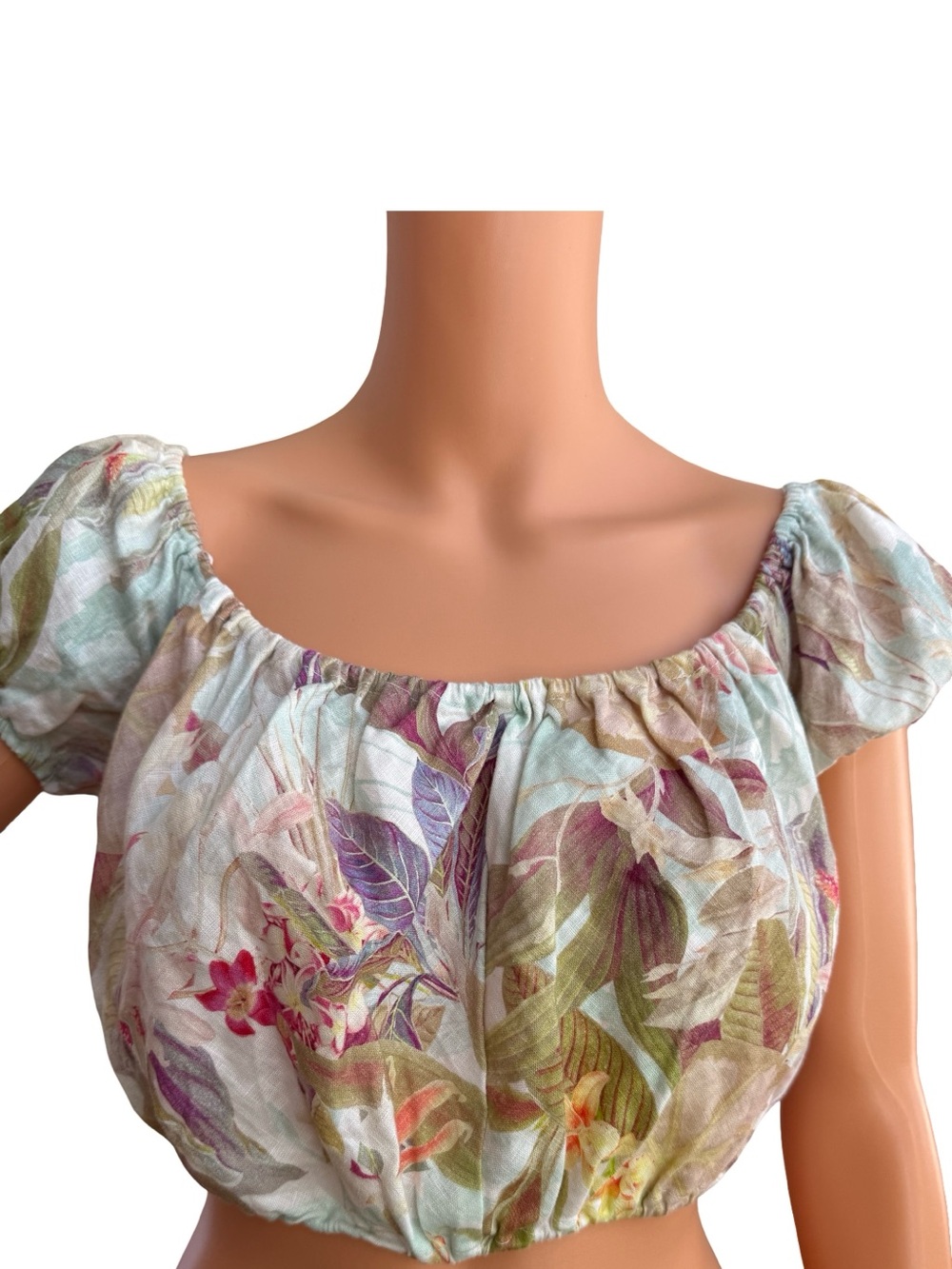 Guess Floral Puff-Sleeve Off-Shoulder Crop Top - Pastel Green, Pink, Purple
